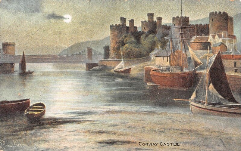 L368 Wales Conway Castle Boats Moonlight vintage postcard