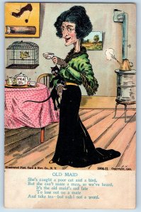 Old Maid Postcard She's Caught A Poor Cat And A Bird c1905 Unposted Antique
