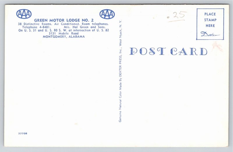 Roadside~Montgomery Alabama~Green Motor Lodge No 2 Exterior View~Vtg Postcard