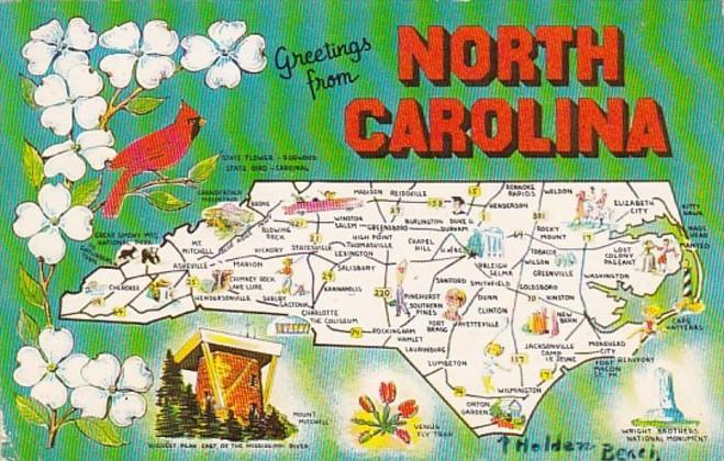 Greetings From North Carolina With Map 1959