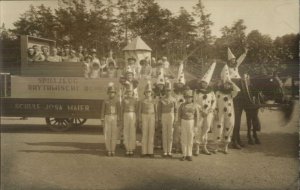 German Parade Float Kids as Toy Soldiers & Clowns c1910 Real Photo Postcard