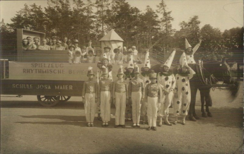 German Parade Float Kids as Toy Soldiers & Clowns c1910 Real Photo Postcard