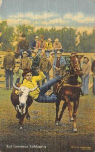 Bud Linderman Bulldogging Cowboy, Horse Western Rodeo 1950 Vintage Postcard