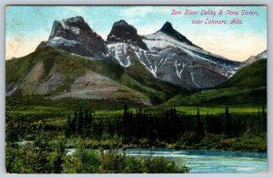 Bow River Valley & Three Sisters, Canmore Alberta Canada, Antique 1909 Postcard