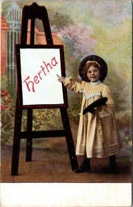 Child Painting at Easel w Painters Palette Named Hertha UNP DB Postcard L1
