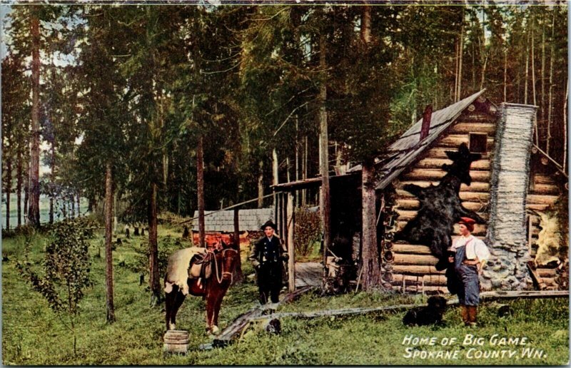 Postcard WA Spokane County Home of Big Game Hunters Log Cabin Horse ~1910 H11