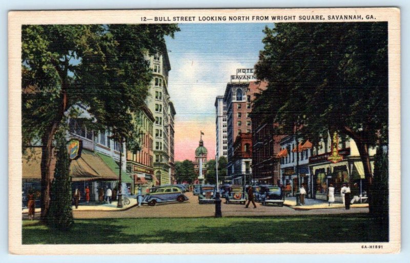 2 Postcards SAVANNAH, Georgia GA ~ North & South Views BULL STREET Scene 1930s