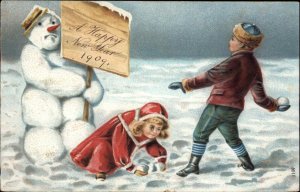 New Year Children & Snowman Holding Sign c1910 Embossed Postcard