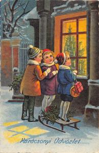 BR84028 karacsonyi udvozlet children on sledge fir presents christmas hungary