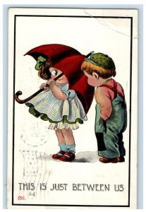 1912 Girl And Boy Umbrella This Is Just Between Us Butler PA Antique Postcard 