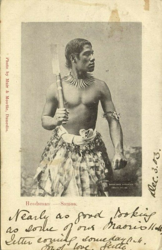 samoa, Armed Native Headsman with Nifo'oti, Cane Knife (1903) Postcard