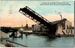 Franklin Street Bridge Partly Lowered, Michigan City IN c1914 Vtg Postcard W26