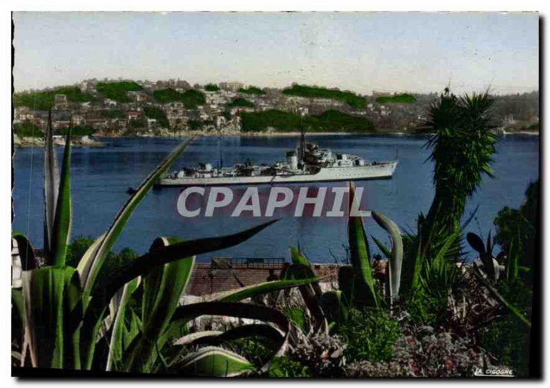 Modern Postcard Villefranche sur Mer harbor overlooking Cap Ferrat Boat