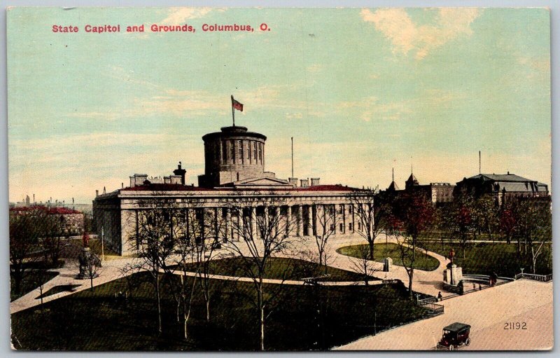 Columbus Ohio c1910 Postcard State Capitol & Grounds Car Flag