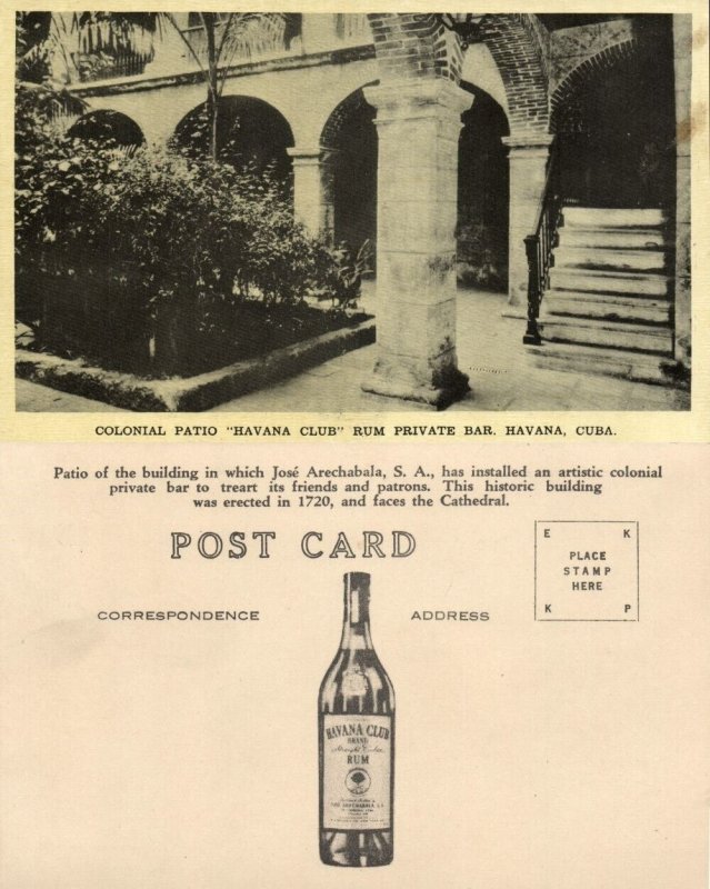 cuba, Colonial Patio Havana Club Rum Private Bar (1930s) Postcard