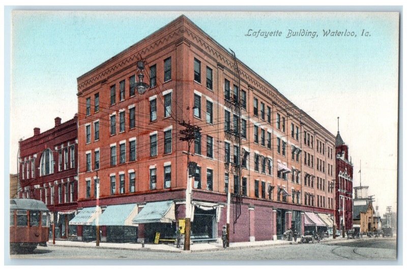 c1910 Lafayette Building Exterior View Streetcar Waterloo Iowa Vintage Postcard