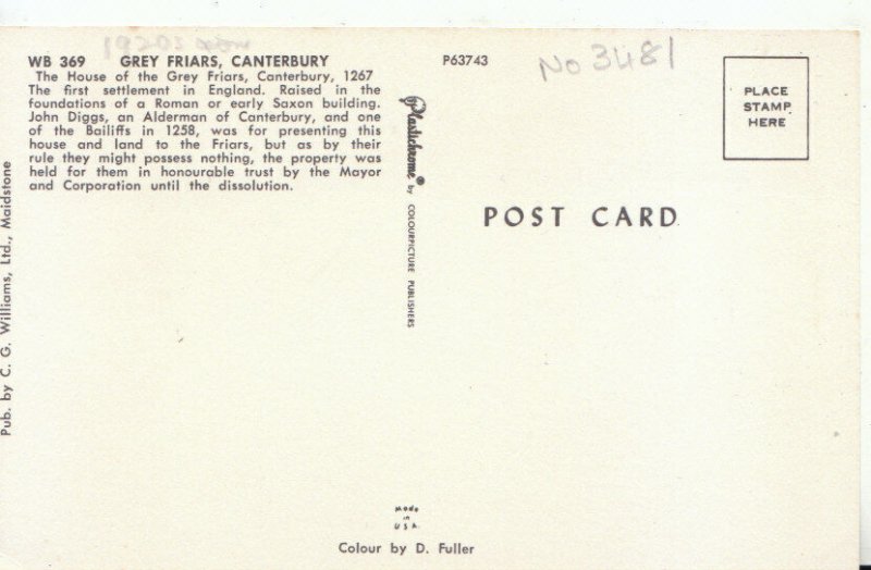 Kent Postcard - Grey Friars - Canterbury - Ref TZ897