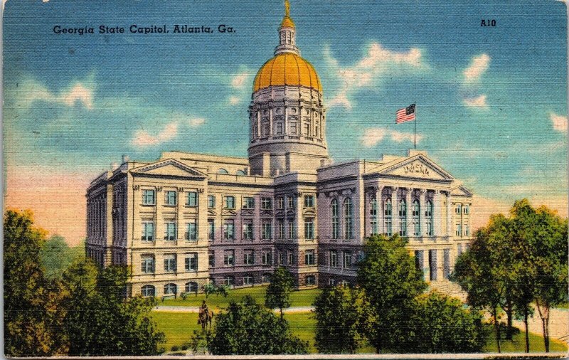 Georgia State Capitol Atlanta GA Sunset Dome Linen Postcard PM Cancel WOB Note 