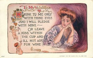 Postcard 1910 Valentine Cupid woman drink to me saying American 23-10415