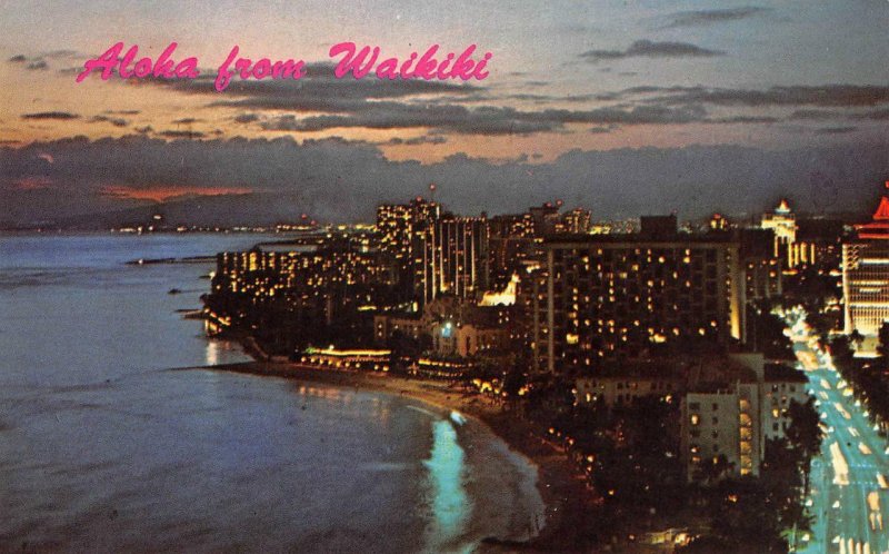 Aloha from Waikiki Honolulu, Hawaii Night View ca 1960s Vintage Postcard