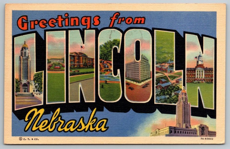 Lincoln Nebraska~Downtown Buildings~Large Letter Linen 1940s Postcard