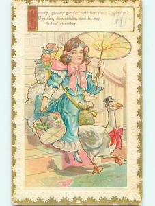 Divided-Back art nouveau bird PRETTY GIRL WITH UMBRELLA & HAT BOX & GOOSE r1789