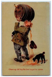 1909 Fat Man Drunk Drinking Keg Dog Bridgeport Connecticut CT Antique Postcard