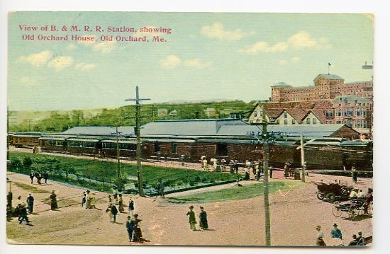 Old Orchard Beach ME Railroad Train Station Depot Busy Day Postcard