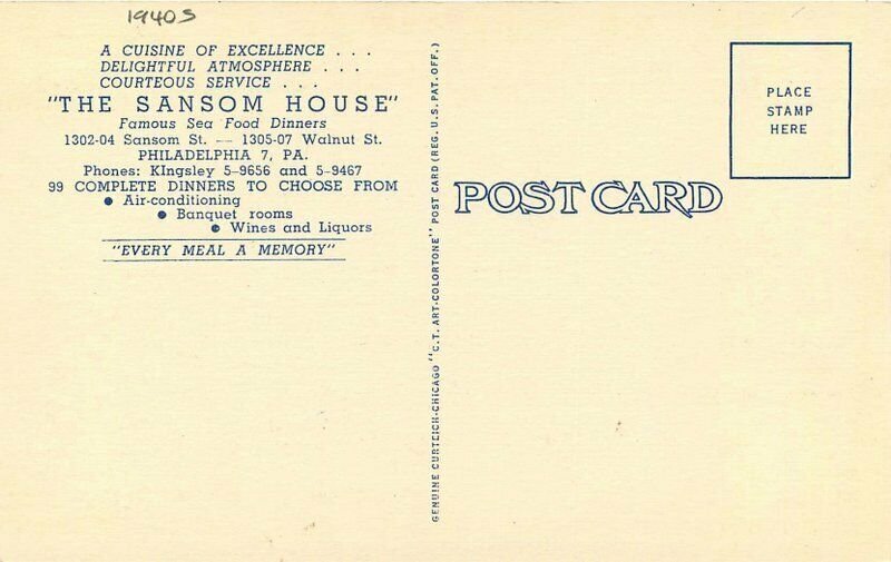 Philadelphia Pennsylvania Sansom House Restaurant Seafood Teich Postcard 21-6192
