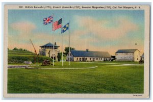 c1940's US and UK Flag, French Barracks, Cannon, Old Fort Niagara NY Postcard 