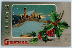 Christmas Postcard Holly Berries Winter Scene Church Embossed St. Paul MN 1911