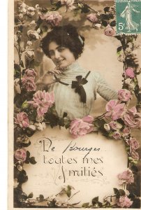 Pretty lady among flowers Nice antique French Greetings postcard