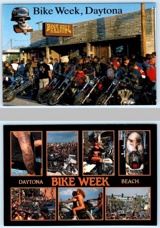 2 Postcards BIKE WEEK, Daytona Beach, FL ~ BOOT HILL SALOON Motorcycles 4x6