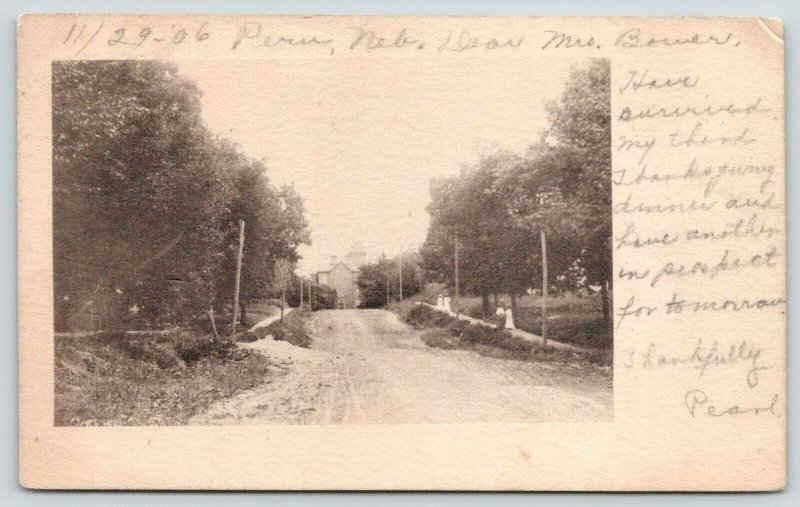 Peru Nebraska~Main Street~Ladies on Sidewalk~Note About Thanksgiving~1906 B&W 