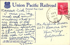 Winter at Sun Valley Idaho Ski Resort Union Pacific Railroad Postcard 1953