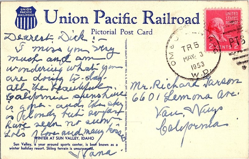 Winter at Sun Valley Idaho Ski Resort Union Pacific Railroad Postcard 1953
