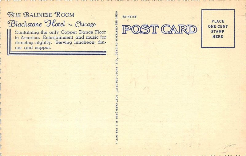 Chicago Illinois 1940s Postcard Blackstone Hotel Balinese Room 