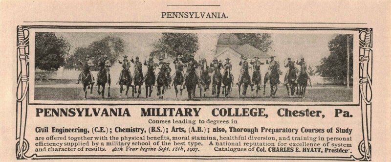 1907 Original Print Ad Pennsylvania Military College Soldiers Horses Pa. 2P1-6