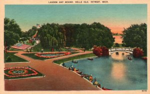 Vintage Postcard 1920's Lagoon and Mound Belle Isle Park Detroit Michigan MI