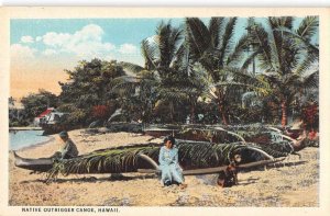 Hawaii Native Outrigger Canoe Waikiki Beach Girl and Dog Postcard AA45297