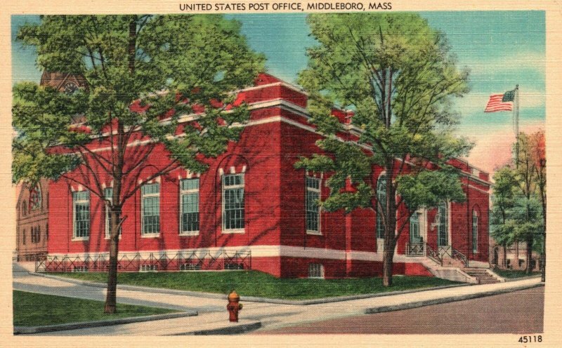 Vintage Postcard 1930's United States Post Office Middleboro Massachusetts NBNC