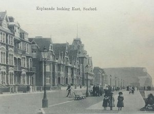 3 Little Girls on the Esplanade Seaford Sussex Vintage Promenade PostCard c1905