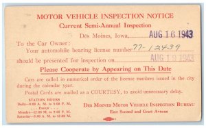 1943 Motor Vehicle Inspection Notice Des Moines Iowa IA Posted Postal Card