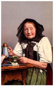 German Elderly Woman drinking Tea, Native Costume