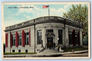 Columbus Mississippi MS Postcard Post Office Building Scene Steet c1930's Posted