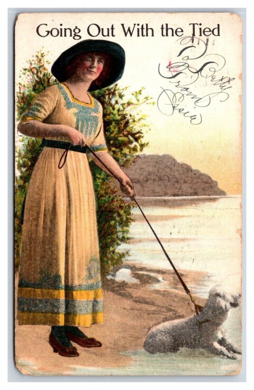 Romance Woman Walking Dog Going Out with The Tied DB Postcard V1