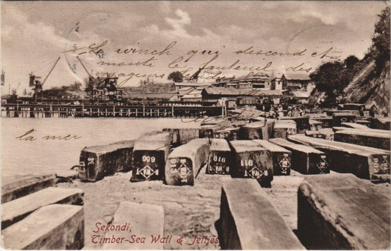 PC GHANA, SEKONDI, TIMBER SEA WALL & JETTIES, Vintage Postcard (b44083)