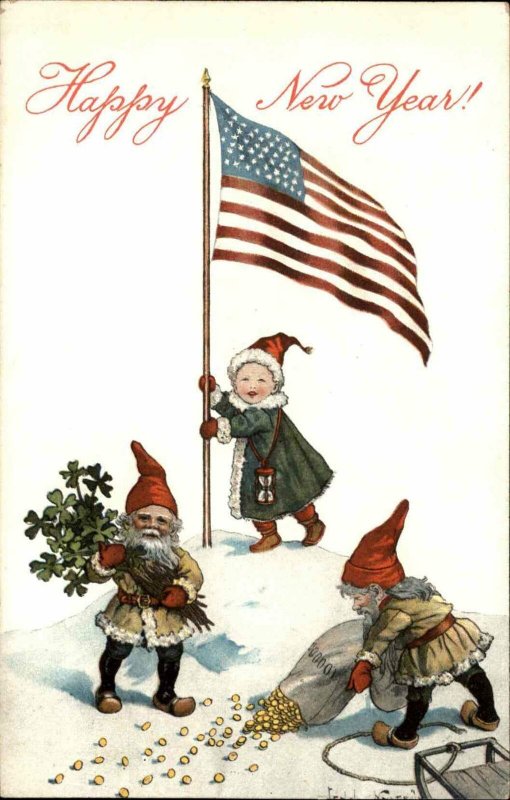 New Year Gnomes American Flag Patriotic Jenny Nystrom Fantasy Postcard