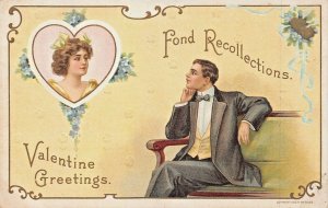 FOND RECOLLECTIONS-MAN DREAMS OF BEAUTIFUL WOMAN-VALENTINE GREETINGS POSTCARD