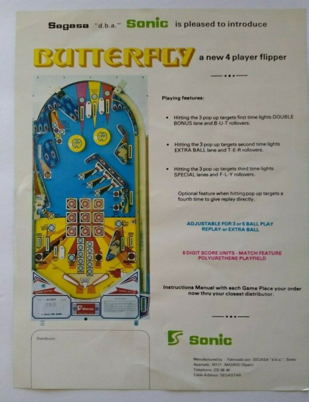 Sonic Butterfly Pinball FLYER Original 1977 Promo Advertising Fantasy Art Sheet